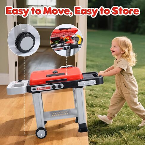 CUTE STONE Kids BBQ Grill Toys, Color Changing Play Food, Sizzling Sound & Light Effects, Cool Mist Spray, Pretend Cooking with Frying & Grilling, 2-Tier BBQ on Wheels - Kitchen Toy, Birthday Gift in Kuwait