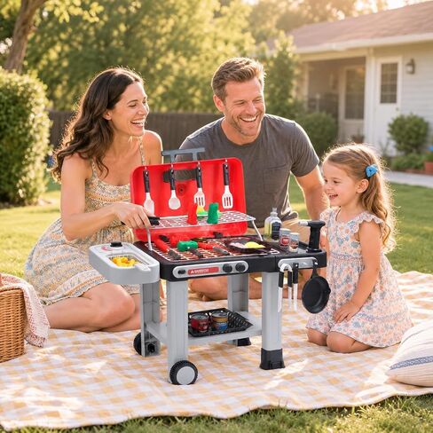 CUTE STONE Kids BBQ Grill Toys, Color Changing Play Food, Sizzling Sound & Light Effects, Cool Mist Spray, Pretend Cooking with Frying & Grilling, 2-Tier BBQ on Wheels - Kitchen Toy, Birthday Gift in Kuwait