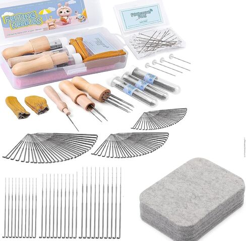 Mayboos 132 Pcs Wool Felting Needles Set - 4.52"x3.34" Natural Wool Felting Mat & Tools with 3 Sizes & 132 Needles for Beginner & Professional in Kuwait