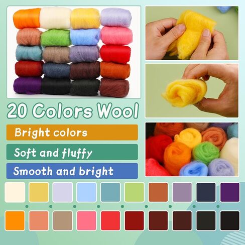 Mayboos Needle Felting Kit, Wool Roving 20 Colors Set, 132 Pcs Needles Wool Felting Needles Supplies Wool Felting Kit Felt Molds with Portable Storage Box in Saudi Arabia