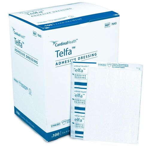 Covidien 7643 Telfa Adhesive Dressing, Sterile 1's in Peel-Back Package, 3" x 4" (Pack of 100) in Kuwait