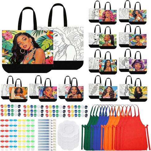 12Set Paint and Sip Canvas Bags Pre Drawn Kit, Adults Afro Queen DIY Craft in Kuwait