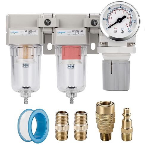 NANPU 1/2" NPT Air Drying System - Double Air Filters, Air Pressure Regulator Combo - Semi-Auto Drain, Poly Bowl in Saudi Arabia