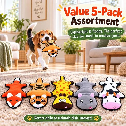 Dog Toys 5 Pack No Stuffing Squeaky Plush Toys with Crinkle Paper, Interactive Chew Toys for Small Medium Dogs, Pet-Safe Animal Set in Kuwait