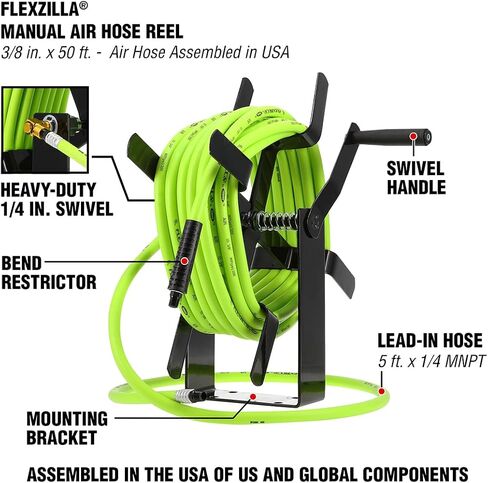 Flexzilla Manual Open Face Air Hose Reel, 3/8 in. x 50 ft., Heavy Duty, Lightweight, Hybrid, ZillaGreen - L8550FZ in Saudi Arabia