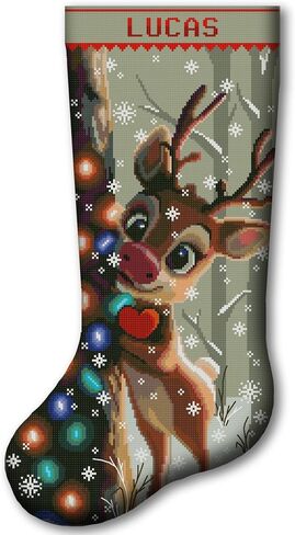 Christmas Stocking Cross Stitch Kit for Adults, 2-in-1 Stamped and Counted AIDA 14, Cute Reindeer Deer with Christmas Lights, Personalized Woodland Animals DIY Embroidery Kit in Kuwait
