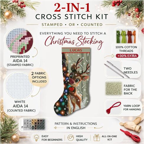 Christmas Stocking Cross Stitch Kit for Adults, 2-in-1 Stamped and Counted AIDA 14, Cute Reindeer Deer with Christmas Lights, Personalized Woodland Animals DIY Embroidery Kit in Kuwait