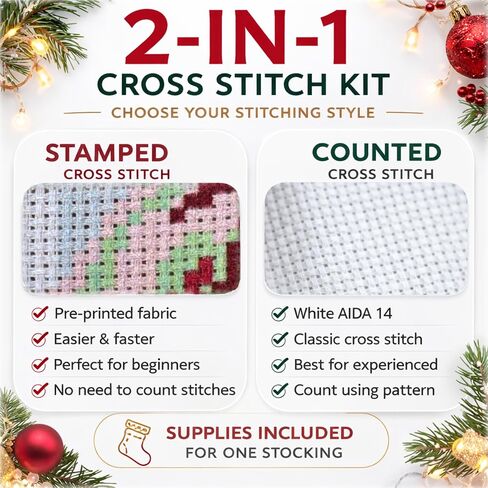 Christmas Stocking Cross Stitch Kit for Adults, 2-in-1 Stamped and Counted AIDA 14, Cute Reindeer Deer with Christmas Lights, Personalized Woodland Animals DIY Embroidery Kit in Kuwait