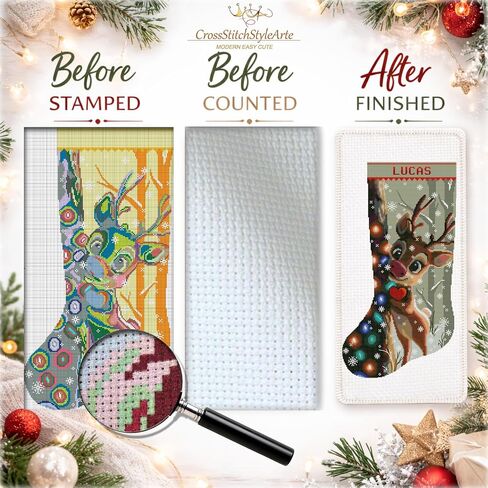 Christmas Stocking Cross Stitch Kit for Adults, 2-in-1 Stamped and Counted AIDA 14, Cute Reindeer Deer with Christmas Lights, Personalized Woodland Animals DIY Embroidery Kit in Kuwait