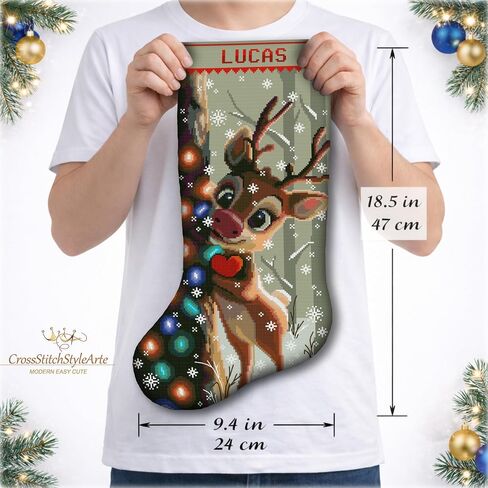 Christmas Stocking Cross Stitch Kit for Adults, 2-in-1 Stamped and Counted AIDA 14, Cute Reindeer Deer with Christmas Lights, Personalized Woodland Animals DIY Embroidery Kit in Kuwait