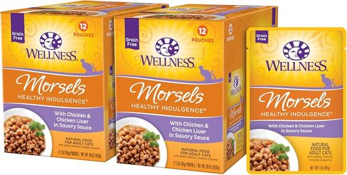 Wellness Healthy Indulgence Morsels Adult Wet Cat Food, Natural, Protein Rich, Grain Free, Salmon and Tuna Recipe, 3 oz, Pack of 24 Pouches in Kuwait
