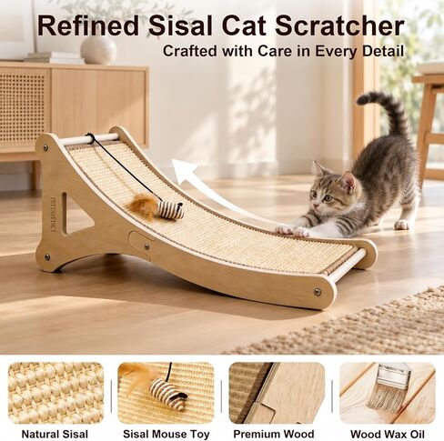 Sisal Cat Scratcher, 24" Wooden Ramp with Feather Mouse Toy in Kuwait