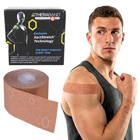 THERABAND Kinesiology Tape, Waterproof Physio Tape for Pain Relief, Muscle & Joint Support, Standard Roll with XactStretch Application Indicators, 2 Inch x 16.4 Foot Roll, Beige/Beige in Kuwait
