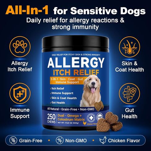 Dog Allergy Chews,is Omega 3 Human,Anti Itch Relief for Dogs Itching Skin Relief and Aller Immune Pet Multivitamin Allergy Chews Coat Licking Supplement Pills Meds Treats 250 Bites for Dogs in Kuwait