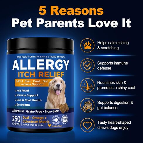 Dog Allergy Chews,is Omega 3 Human,Anti Itch Relief for Dogs Itching Skin Relief and Aller Immune Pet Multivitamin Allergy Chews Coat Licking Supplement Pills Meds Treats 250 Bites for Dogs in Kuwait