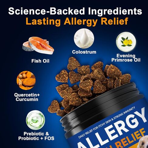 Dog Allergy Chews,is Omega 3 Human,Anti Itch Relief for Dogs Itching Skin Relief and Aller Immune Pet Multivitamin Allergy Chews Coat Licking Supplement Pills Meds Treats 250 Bites for Dogs in Kuwait
