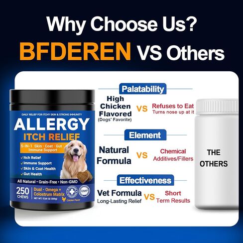 Dog Allergy Chews,is Omega 3 Human,Anti Itch Relief for Dogs Itching Skin Relief and Aller Immune Pet Multivitamin Allergy Chews Coat Licking Supplement Pills Meds Treats 250 Bites for Dogs in Kuwait