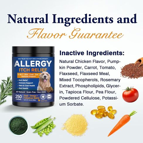 Dog Allergy Chews,is Omega 3 Human,Anti Itch Relief for Dogs Itching Skin Relief and Aller Immune Pet Multivitamin Allergy Chews Coat Licking Supplement Pills Meds Treats 250 Bites for Dogs in Kuwait