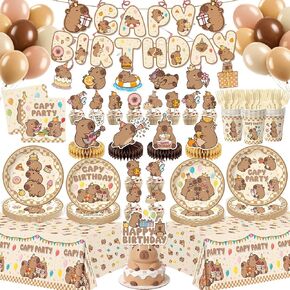 Kinovo 176 Pcs Capybara Birthday Decorations (Serves 24), Capybara Party Decorations Include Banner Hanging Plates Napkins Cups Forks Tablecloth Topper Balloons for Party in Kuwait