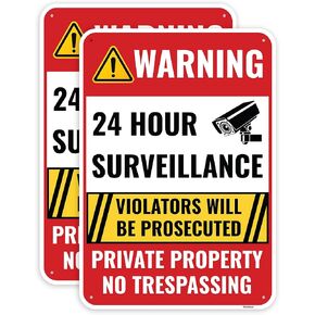 2PC 24 Hour Surveillance Sign, 14 x 10 Inches - Aluminum - Beware Of Dog Private Property No Trespassing - Security Camera Metal Warning Sign in Kuwait