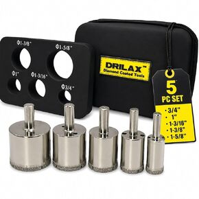 Drilax Diamond Hole Saw Drill Bit Set Longer Tall Version 3/4, 1, 1-3/16, 1- 3/8, 1-5/8 Inch Quartz Granite 3cm Thick Counter-top Ceramic Porcelain Tile 5 Pieces Set Insert Guide Included in Kuwait