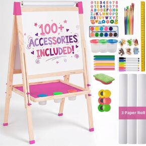 Blue Squid Art Easel for Kids with Paper Roll x 3, Includes 100+ Accessories, Double Sided Adjustable Wooden Painting Easel with Magnetic Chalk Board, White Board for Toddlers Ages 3,4,5,6,7,8,9,10,12 in Kuwait
