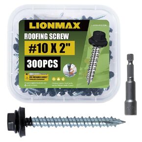 LIONMAX Metal Roofing Screws #10 × 2 Inch, 300-PCS, Dark Red Painted Hex Head Sheet Metal Roof Screws, Rubber Washer, Sharp Point, Metal to Wood Siding Screws, Hex Socket Included in Kuwait