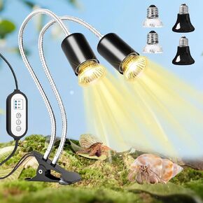 Hermit Crab Heat Lamp, Reptile Heat Lamp with Clamp, Reptile Light with Rotatable Hose and Timer, Suitable for Reptiles Lizard Turtle Tortoise Snake Bearded Dragon Hermit Crab, 2 Bulbs 25W+50W in Kuwait