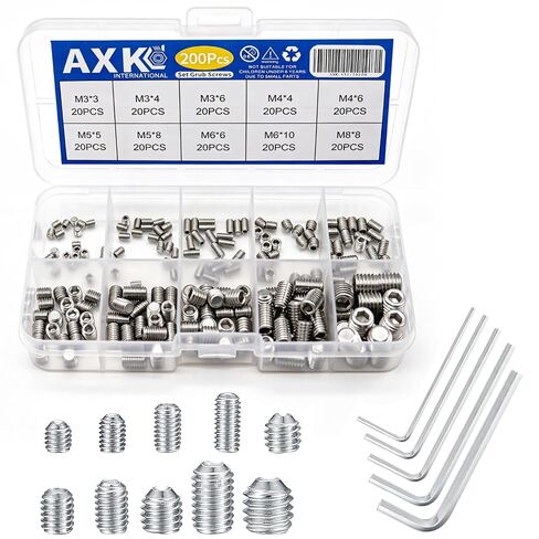 AXK Set Grub Screw M3 M4 M5 M6 M8 Metric Thread Hex Allen Socket Head Cap Screw Bolt Hexagon Hex Drive Cup Point Screw Assortment Kit Set Alloy Steel l Screw (200PCS Stainless Steel) in Kuwait