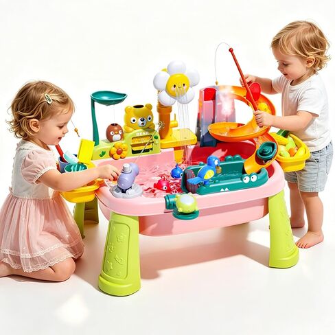 2027 Upgraded Pink Stand Water Table for Toddlers 1-3 - Outdoor Toys for Kids Ages 3-8 with Pump, Summer Outside Sensory Activity Pool Toys, Kitchen Play Sink Toy with Running Water, Fishing Toy in Saudi Arabia