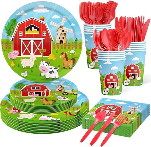 Farm Animal Birthday Party Decorations Farm Plates Tableware Barnyard Farm Birthday Party Supplies Serves 25 Farm Themed Cups, Farm Animal Napkins Red Knife/Fork/Spoon in Saudi Arabia