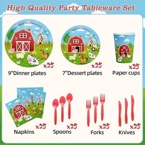 Farm Animal Birthday Party Decorations Farm Plates Tableware Barnyard Farm Birthday Party Supplies Serves 25 Farm Themed Cups, Farm Animal Napkins Red Knife/Fork/Spoon in Saudi Arabia