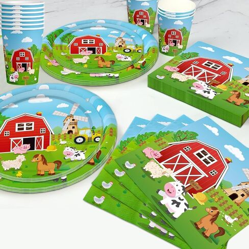 Farm Animal Birthday Party Decorations Farm Plates Tableware Barnyard Farm Birthday Party Supplies Serves 25 Farm Themed Cups, Farm Animal Napkins Red Knife/Fork/Spoon in Saudi Arabia