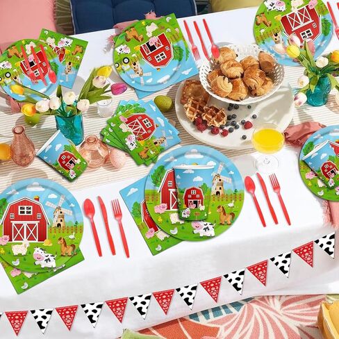 Farm Animal Birthday Party Decorations Farm Plates Tableware Barnyard Farm Birthday Party Supplies Serves 25 Farm Themed Cups, Farm Animal Napkins Red Knife/Fork/Spoon in Saudi Arabia