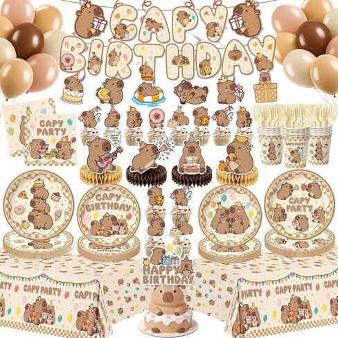 Kinovo 176 Pcs Capybara Birthday Decorations (Serves 24), Capybara Party Decorations Include Banner Hanging Plates Napkins Cups Forks Tablecloth Topper Balloons for Party in Kuwait
