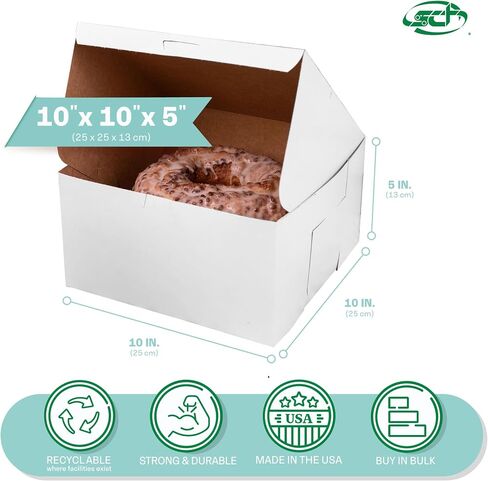 Southern Champion Tray 0977 Premium Clay Coated Kraft Paperboard White Non-Window Lock Corner Bakery Box, 10" Length x 10" Width x 5-1/2" Height (Case of 100) in Kuwait