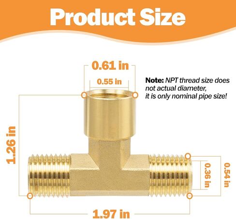 Metalwork Brass Pipe T Fitting Female Brach Tee 1/4" NPT Male x 1/4" NPT Male x 1/4" NPT Female Street Tee（Pack of 2） in Kuwait