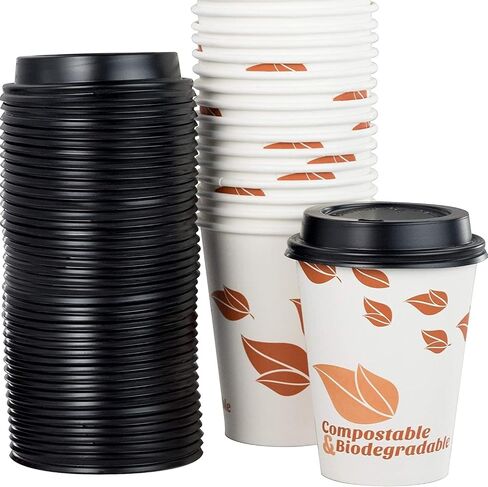 Anti-Spill, Recyclable Black Dome Lids, 100 Pk. Coffee Cup Lid for Portable Drinks. 3.45" Diameter, Fits 10, 12, 16, 20oz Disposable Paper Cups. Domed Plastic Covers for Takeout Tea, Espresso or Latte in Kuwait