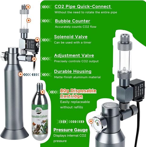 Desktop CO2 Regulator with 80g Disposable CO2 Cartridge with Solenoid Valve, Complete Aquarium CO2 System, Compatible with 5/8" Threaded for Nano Aquariums in Kuwait