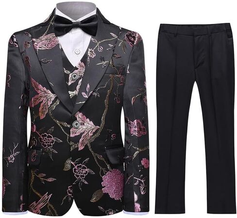 SWOTGdoby Boys Suits 3 Piece Gold Paisley Floral Suit Set Slim Fit Tuxedo Embroidery Suit Blazer Vest Pants in Kuwait