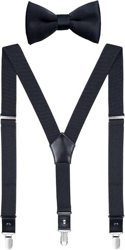 Men's Boys' Suspenders and Bow Tie Set Adjustable with Black Metal Clips in Kuwait