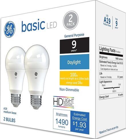 GE Basic LED Light Bulbs, 100 Watt, Soft White, A19, Medium Base (2 Pack) in Kuwait