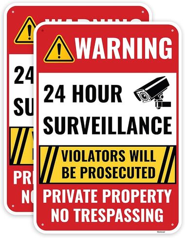 2PC 24 Hour Surveillance Sign, 14 x 10 Inches - Aluminum - Beware Of Dog Private Property No Trespassing - Security Camera Metal Warning Sign in Kuwait
