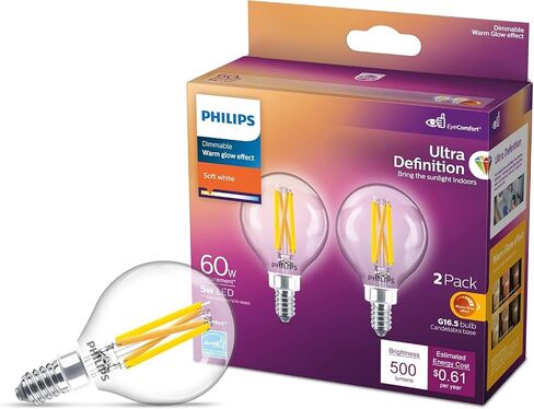 لمبة إضاءة زجاجية G16.5 LED فائقة الوضوح من Philips، تقنية EyeComfort، قابلة للتعتيم، 350 لومن، ضوء أبيض ناعم (2700K)، 3.5 وات = 40 وات، قاعدة E12، عبوتان (573303) in Kuwait