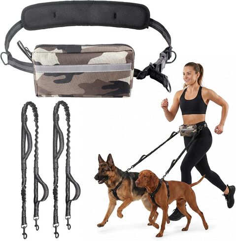 Upgrade Hands Free Double Dog Leash for 2 Dogs with Thickened Waist Pad, Adjustable Waist Leash for Dog Walking with 360° Swivel Double Safety Lock, Fanny Pack, Heavy Duty Bungee for Medium Large Dogs in Saudi Arabia