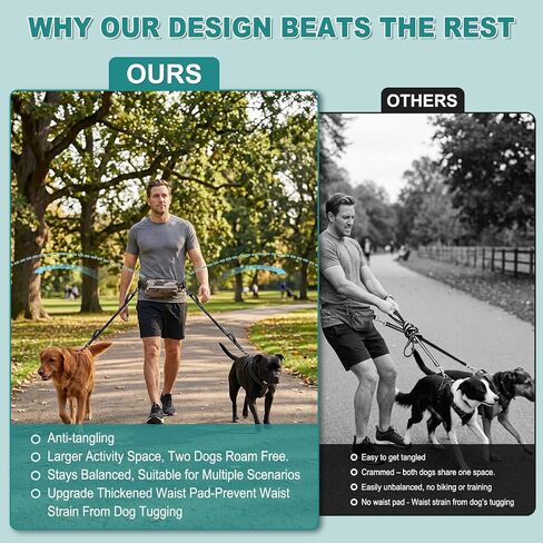 Upgrade Hands Free Double Dog Leash for 2 Dogs with Thickened Waist Pad, Adjustable Waist Leash for Dog Walking with 360° Swivel Double Safety Lock, Fanny Pack, Heavy Duty Bungee for Medium Large Dogs in Saudi Arabia