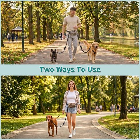 Upgrade Hands Free Double Dog Leash for 2 Dogs with Thickened Waist Pad, Adjustable Waist Leash for Dog Walking with 360° Swivel Double Safety Lock, Fanny Pack, Heavy Duty Bungee for Medium Large Dogs in Saudi Arabia