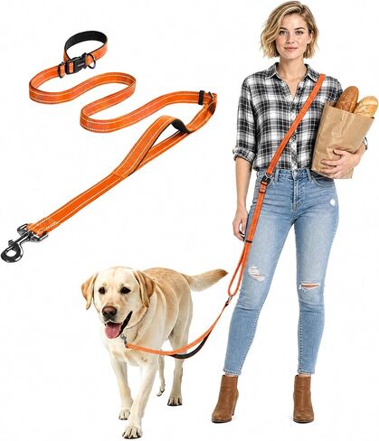 Hands Free Dog Leash by Kazazoo, Adjustable 5.8-8.5FT Waist & Crossbody Leash with Quick Off Buckle, Reflective Stitches for Walking, Jogging,Medium to Large Dogs M Size Black in Kuwait