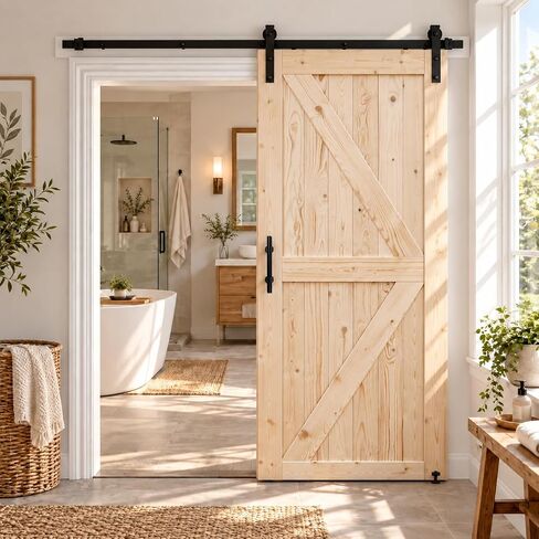 S&Z TOPHAND® 38in x 84in باب الحظيرة البريطاني غير المكتمل مع مجموعة أدوات منزلقة / خشب صلب / باب منزلق / أسطح مزدوجة / مطلوب تجميع بسيط in Kuwait