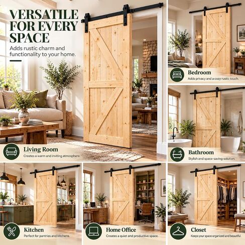 S&Z TOPHAND® 38in x 84in باب الحظيرة البريطاني غير المكتمل مع مجموعة أدوات منزلقة / خشب صلب / باب منزلق / أسطح مزدوجة / مطلوب تجميع بسيط in Kuwait